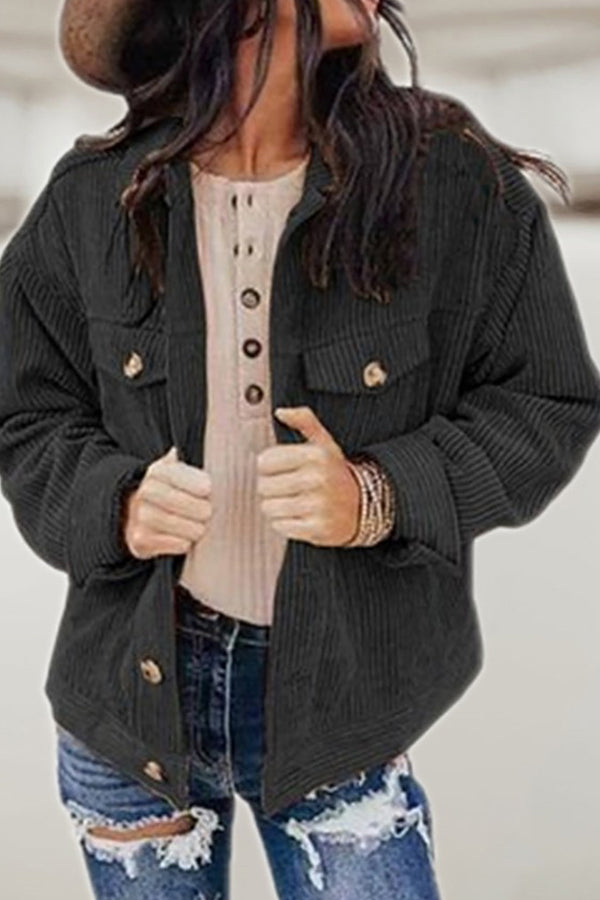 Pocket Button Design Long Sleeve Corduroy Shacket