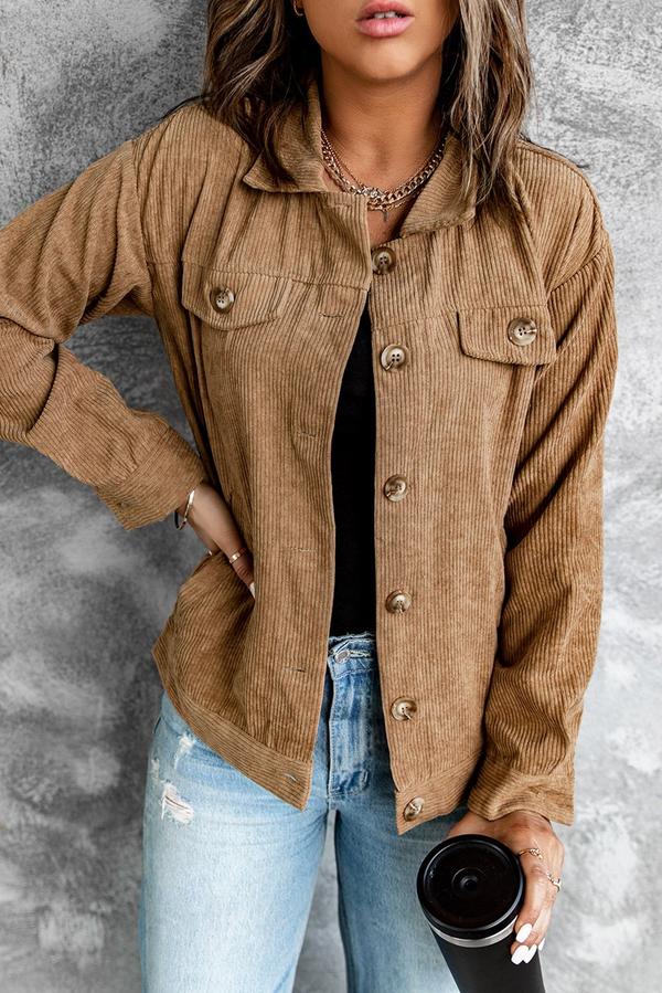 Ribbed Corduroy Long Sleeve Jacket with Pocket