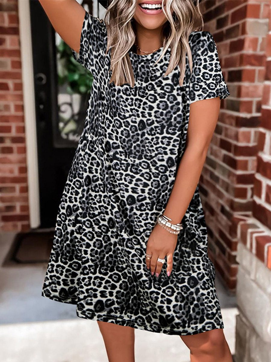 Round Neck Leopard Print Short Sleeve Loose Midi Dress