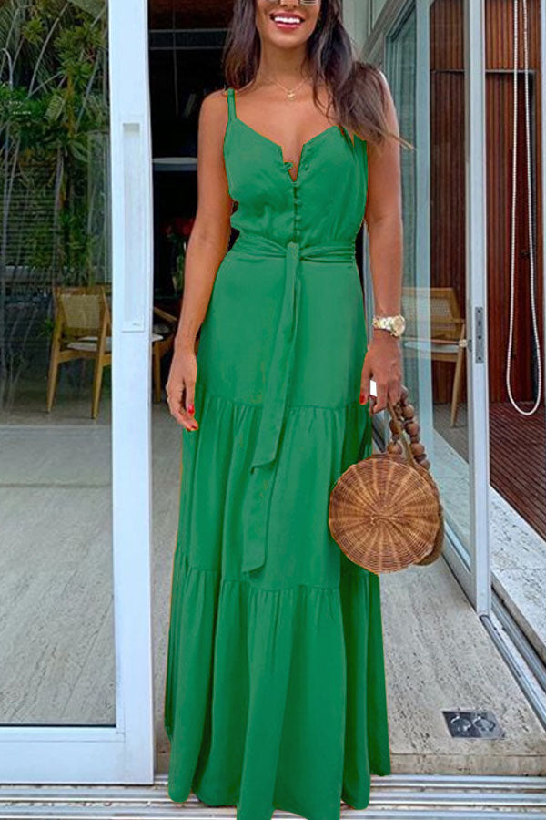 Sexy V-neck Stitching Suspender Dress with Personalized Buttons