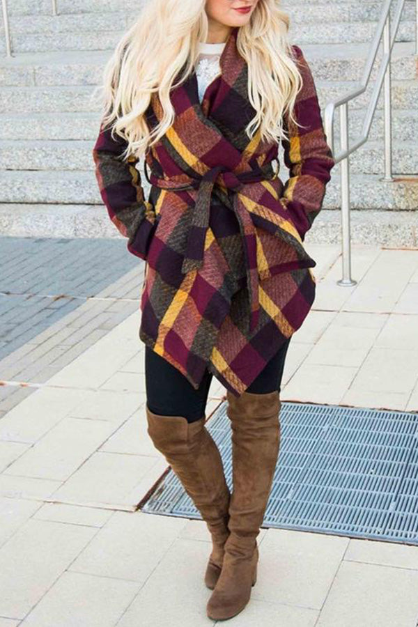 Asymmetric Plaid Wrap Coat