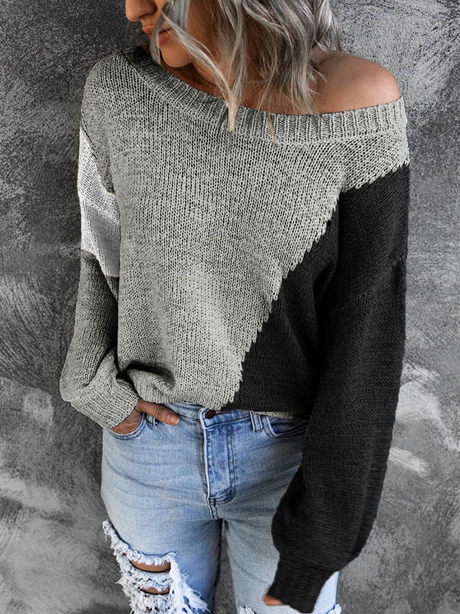 Irregular Color Block Off-shoulder Sweater