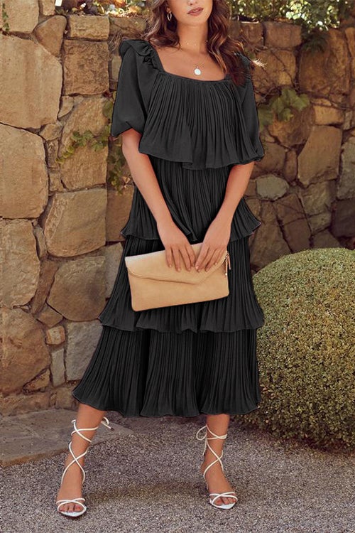 Square Collar Short Sleeve Ruched Ruffle Layered Dress