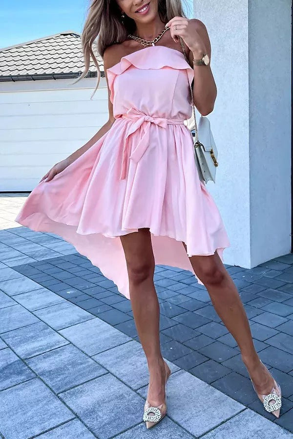 Stay Beautiful Chain Neck Ruffle High Low Dress