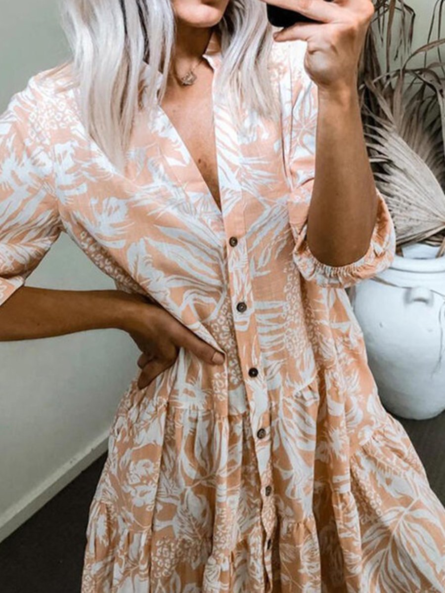 V-neck Print 3/4 Sleeve Pleat Mini Dress
