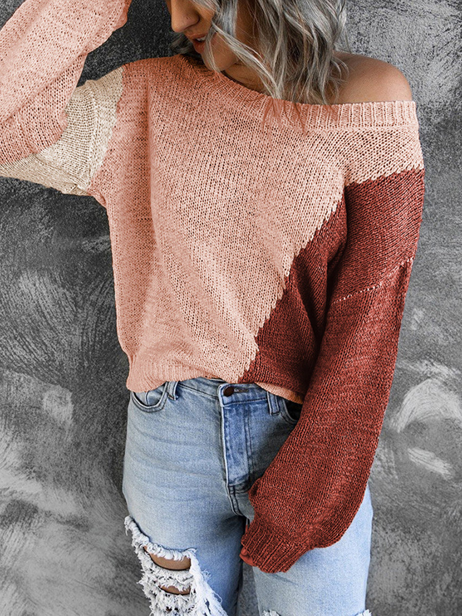 Irregular Color Block Off-shoulder Sweater