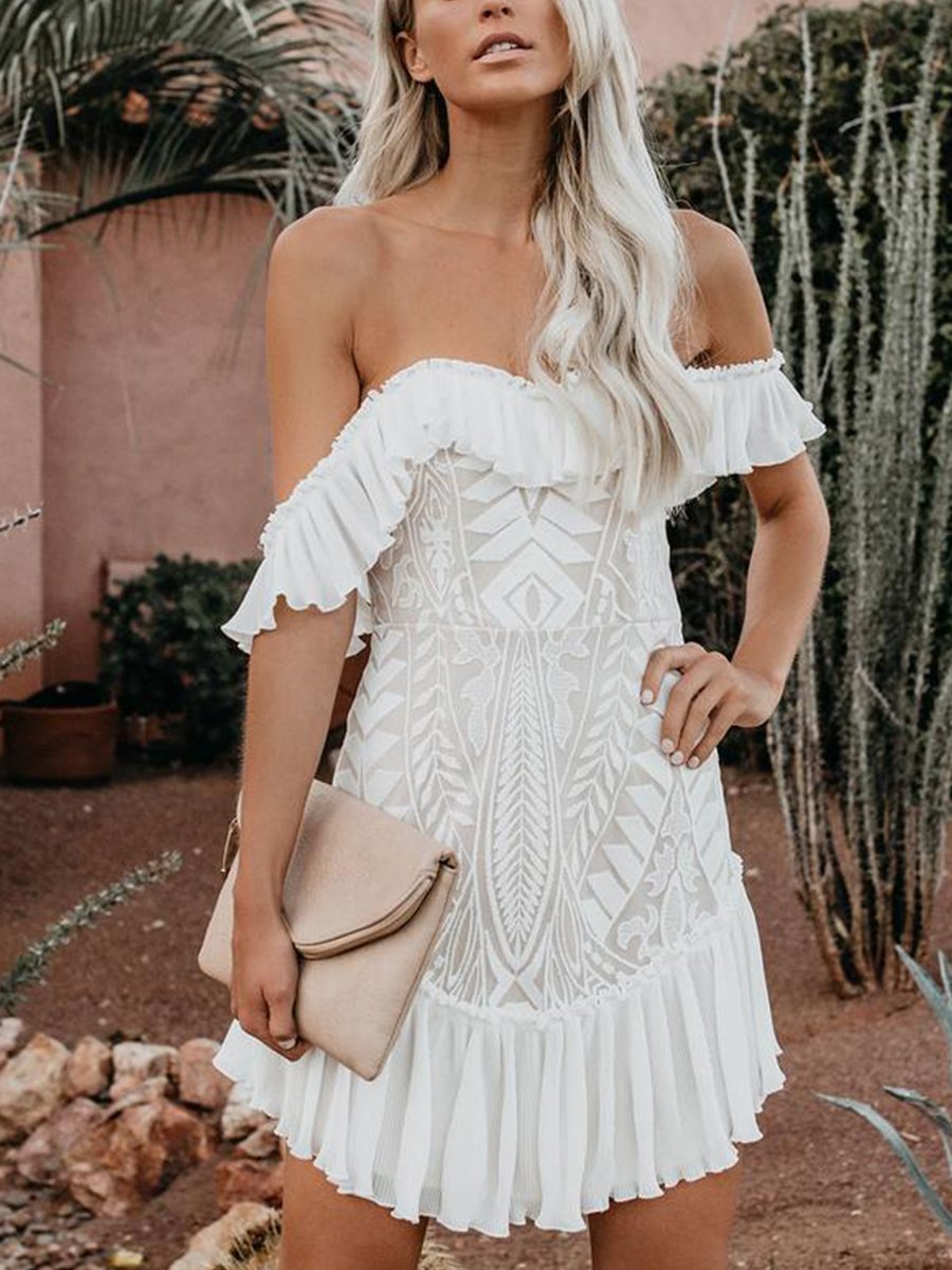 Bouquet Toss Lace Off The Shoulder Pleated Ruffle Dress
