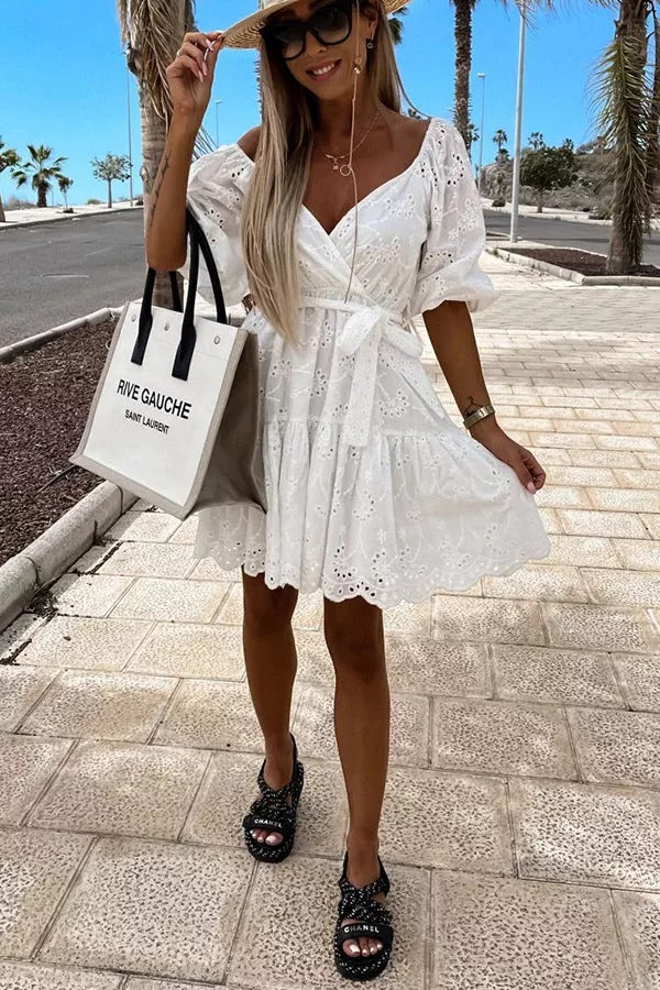 V Neck Crochet Lace Mini Dress