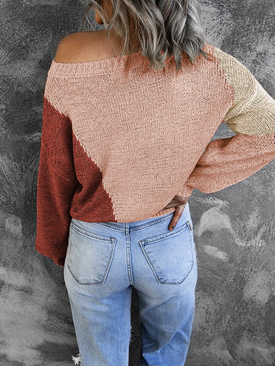 Irregular Color Block Off-shoulder Sweater