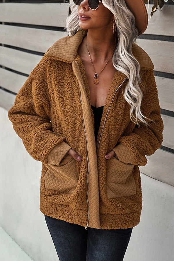 Long Sleeve Pocket Detail Zip Up Teddy Coat