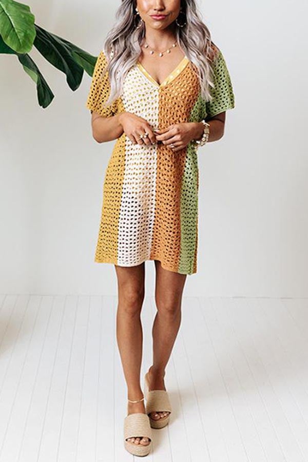 Ocean Whimsy Colorblock Crochet Cover Up Dress