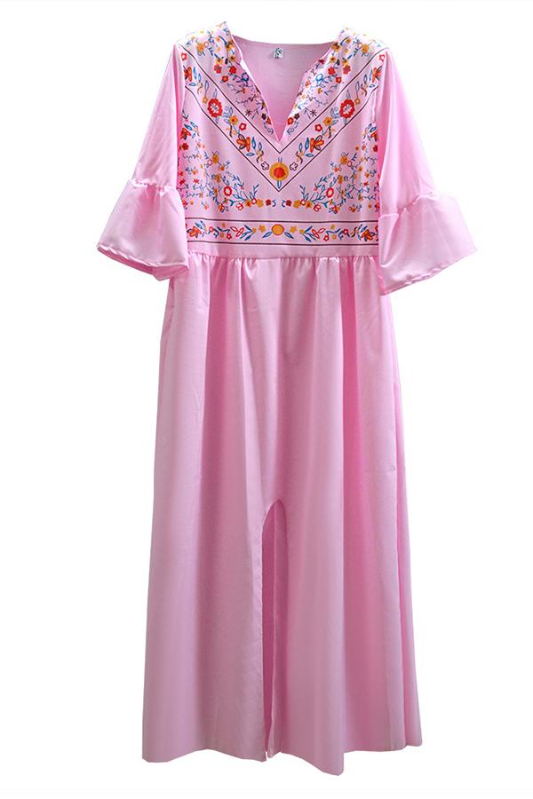 Pleated Front Slit Bell Sleeve Mexico Bohemian Beachwear Maxi Dress
