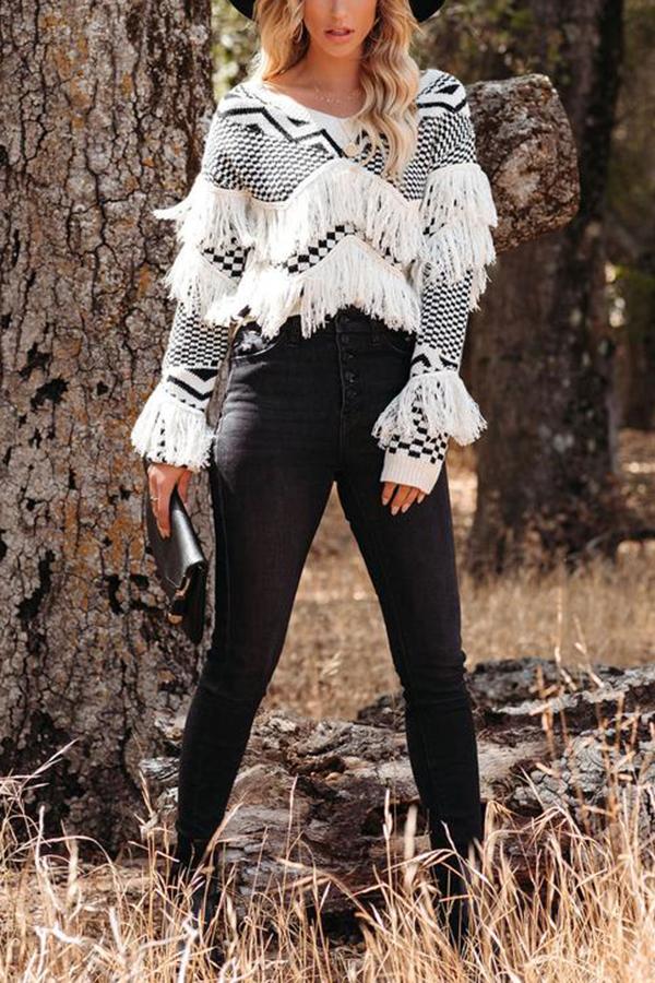 Fringed V-neck Sweater