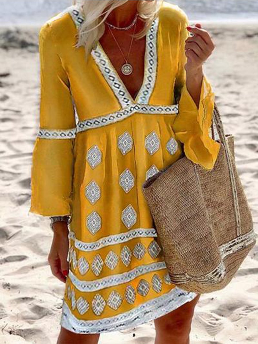 V-neck Flared Sleeve Boho Mini Dress