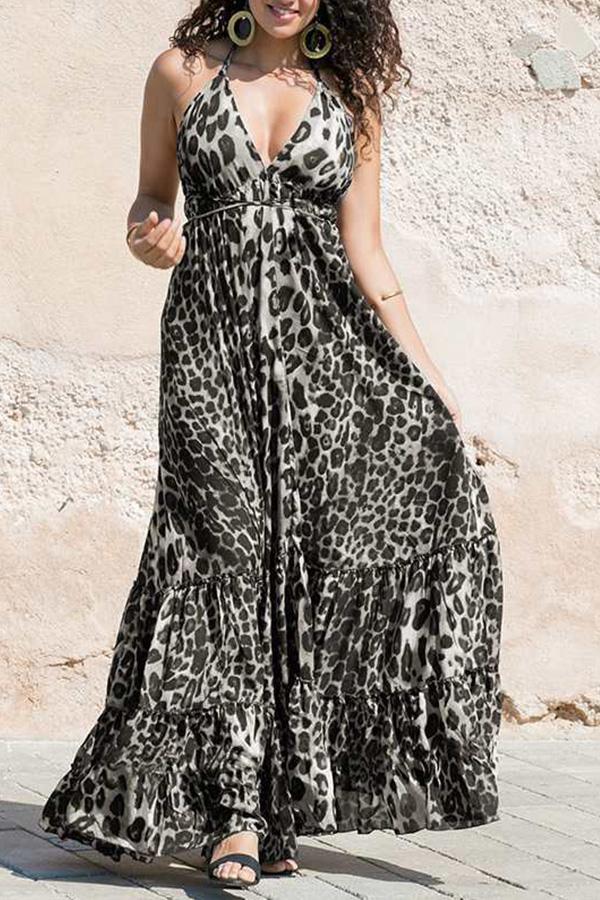 Deep V-Neck Leopard Print Sphagetti Maxi Dress