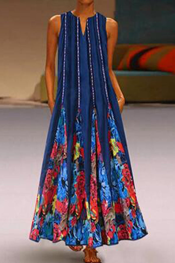 Print Pockets Loose Maxi Dress