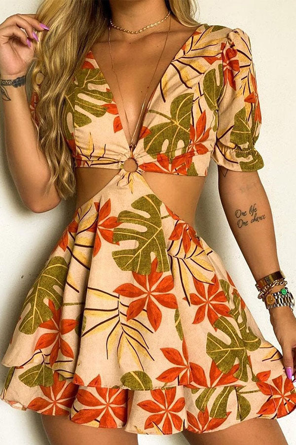 Tropical Print V-neck Cutout Mini Dress