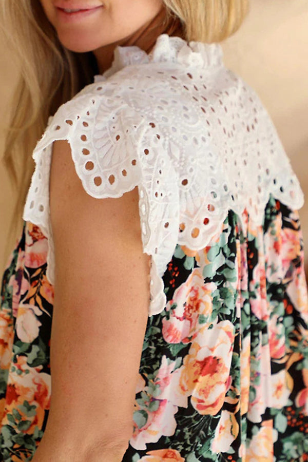 Printed V-Neck Sleeveless Lace Panel Casual T-Shirt