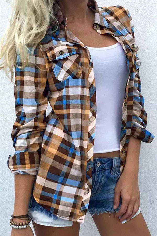 Plaid Pocket Turn-Down Collar Shirt