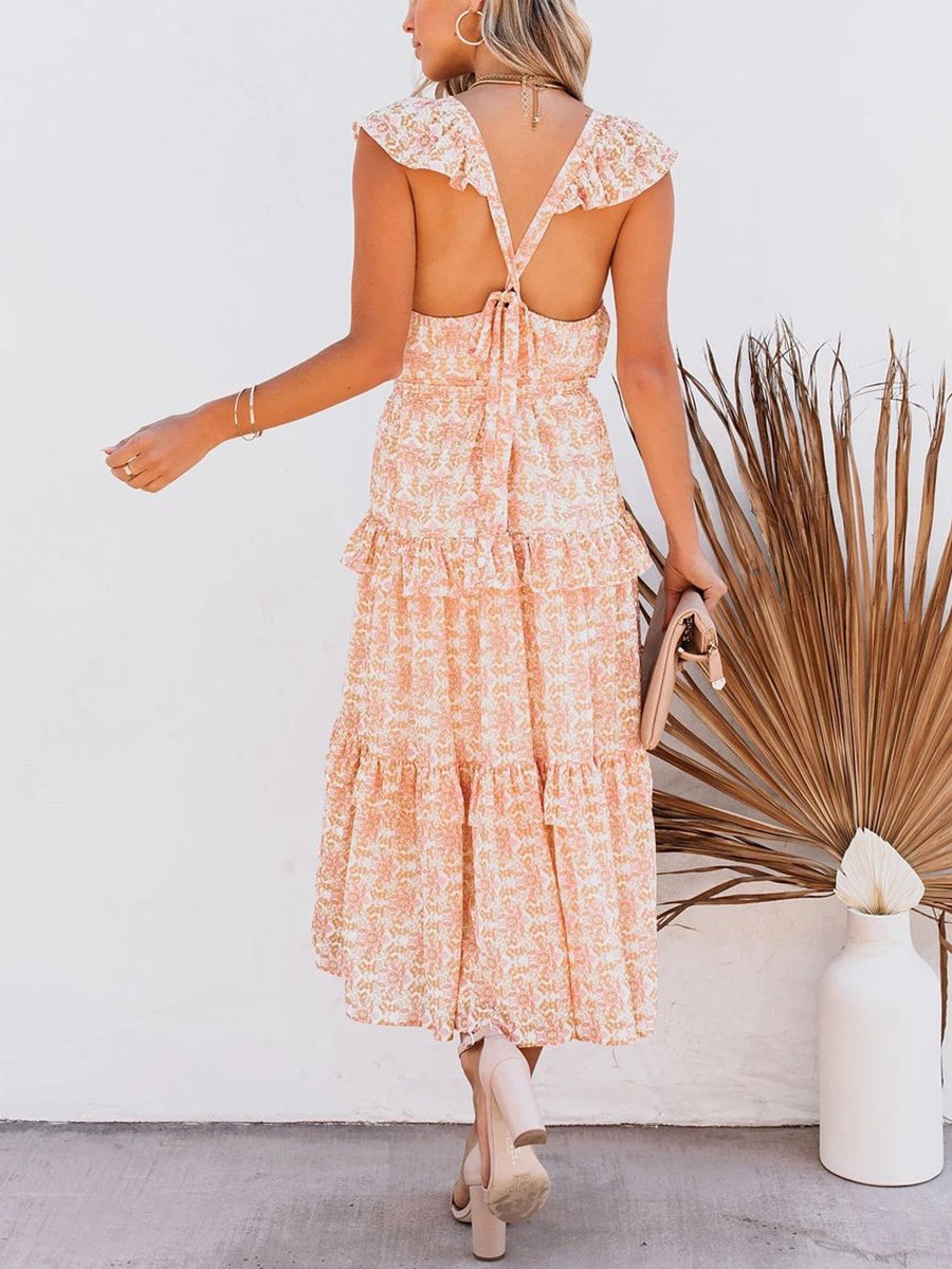 V-neck Print Cutout Back Ruffle Calf-length Dress