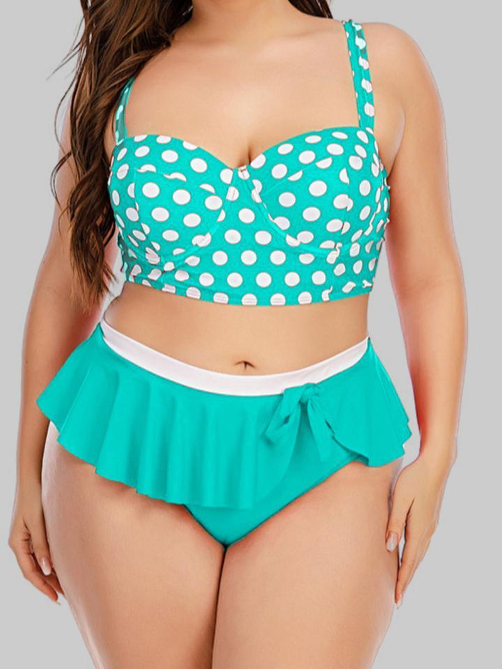 Dot Print Flounce Bow-tie Decoration Red Tankini