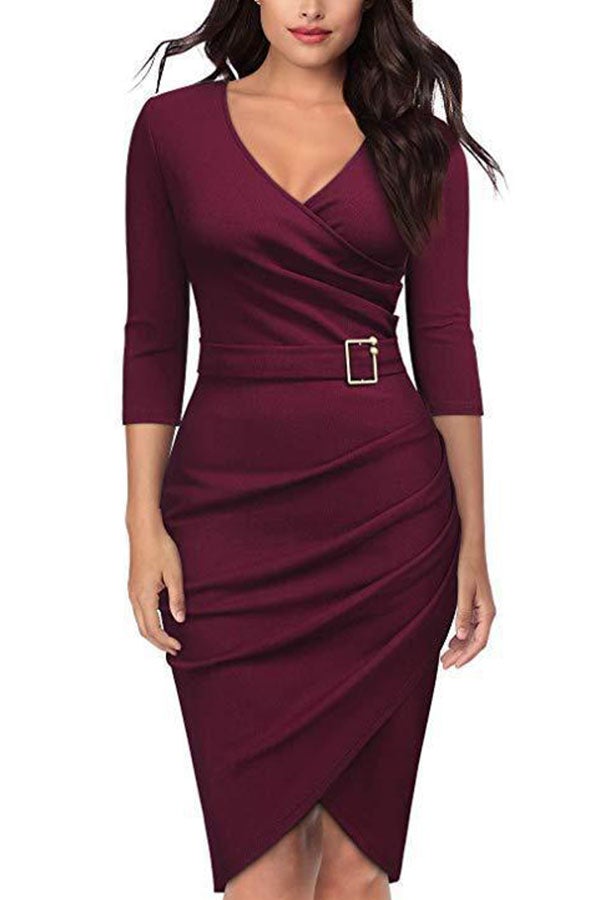 Seven-quarter Sleeves V Neck Solid Color Slim Dress