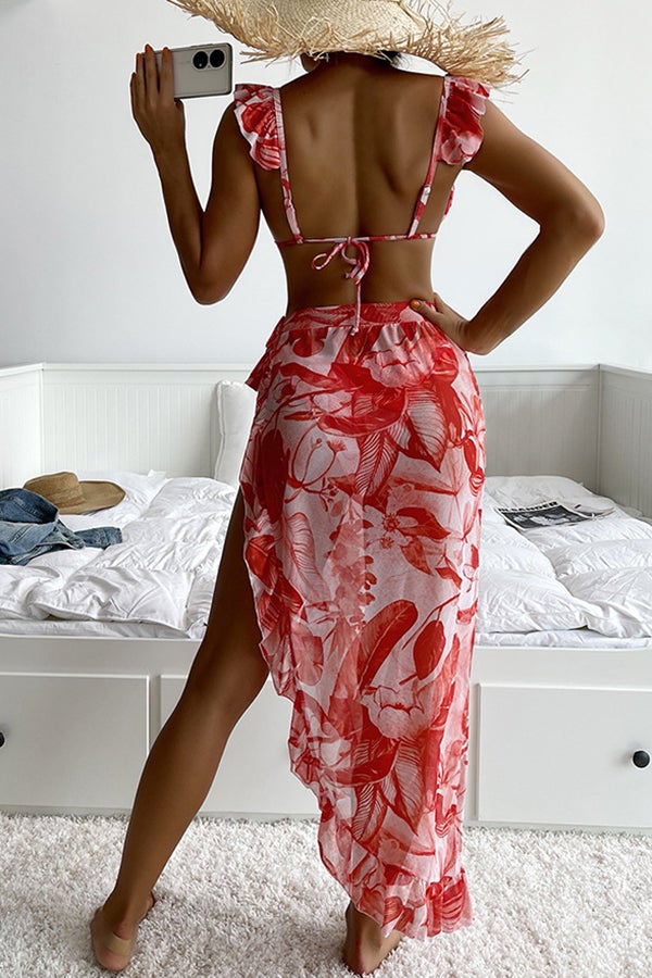 Three-piece Bikini With Leaf Print Mesh Lace