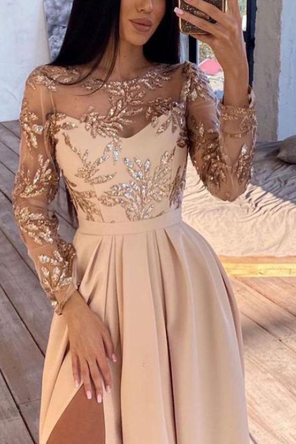 Long-sleeved Hot-stamped Sequined Dress