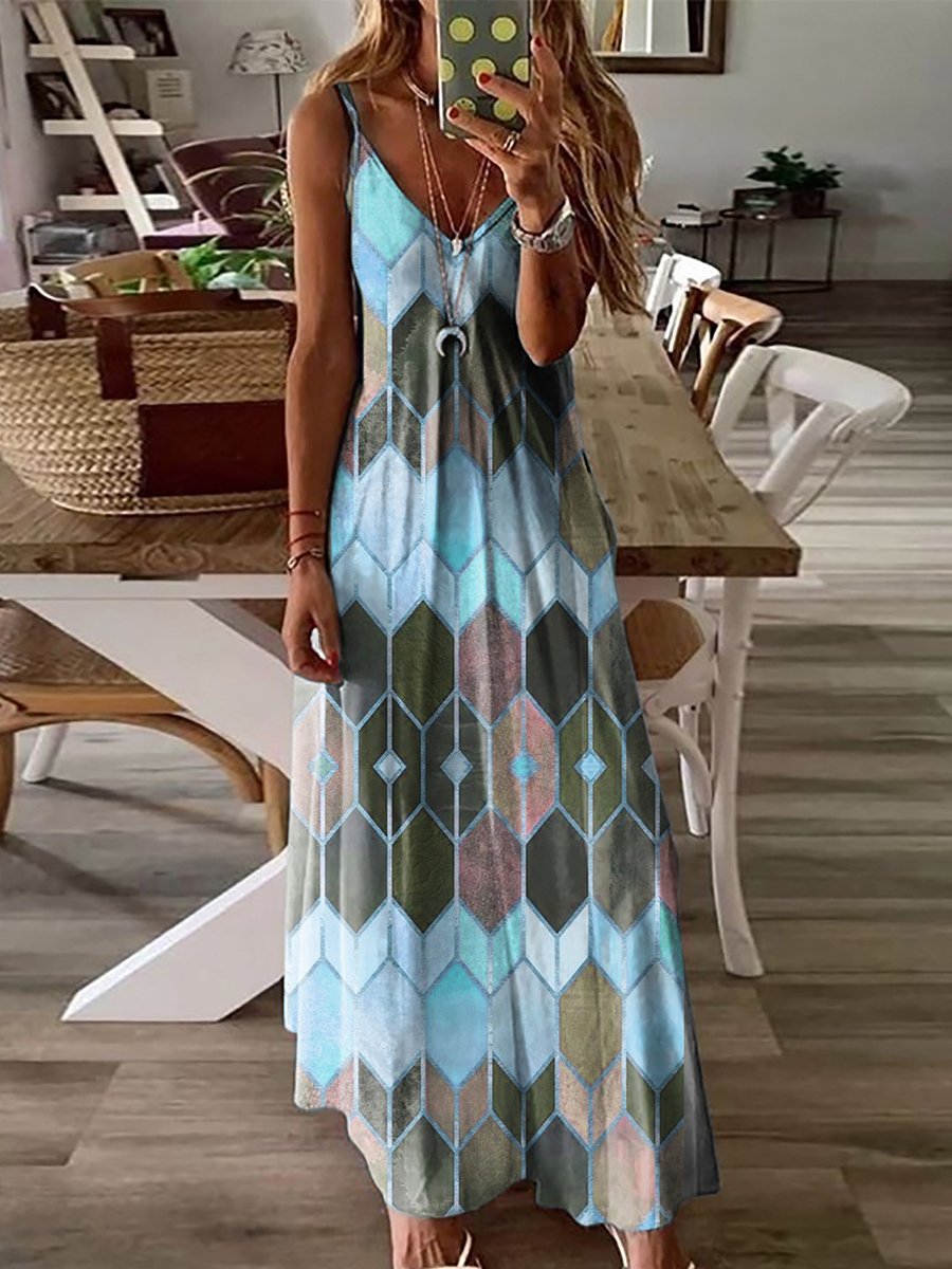 Stylish Geometric Print Sling Baggy Dress