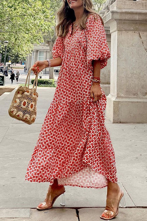 V Neck Lantern Sleeve Printed Ruffle Maxi Holiday Dress