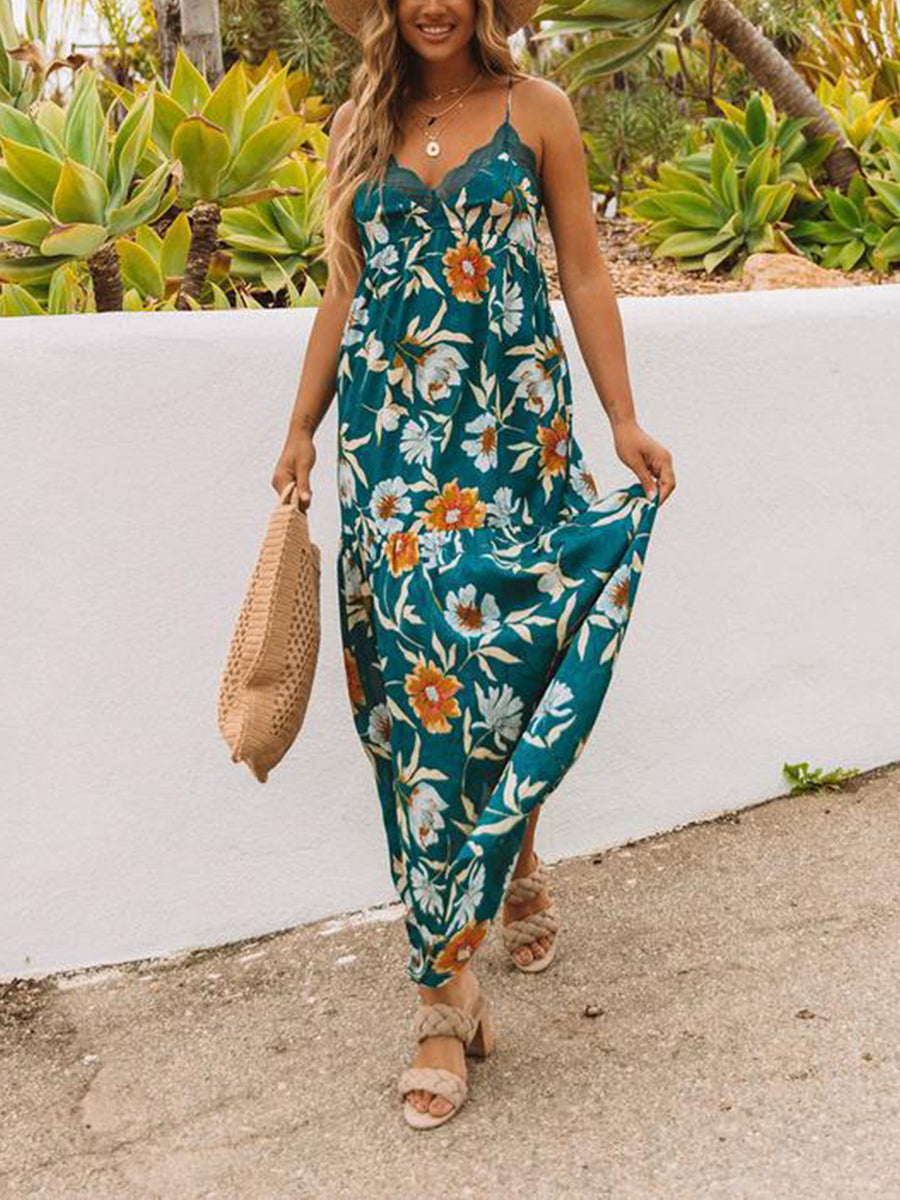 Lace Stitching Sling Print Dress