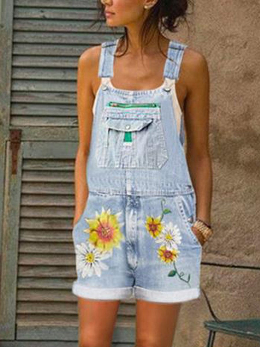 Casual Daisy Print Pockets Washed Denim Shortalls