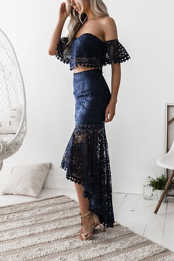 Off Shoulder Lace High Low Skirt Suit