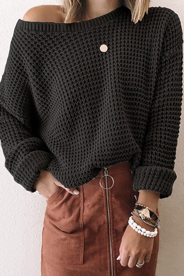 Solid Oblique Collar Eyelet Knit Sweater