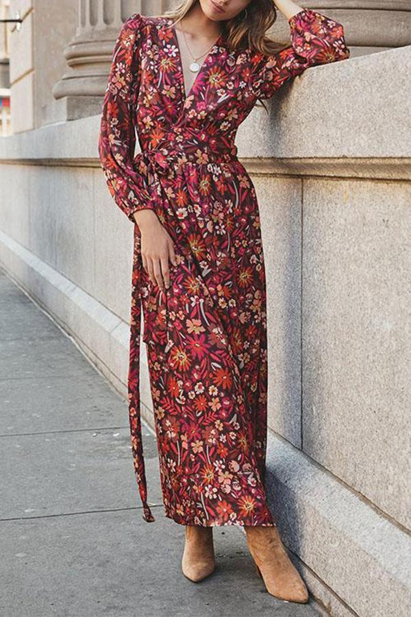 Wrap V Neck Printed Long Kimono Dress