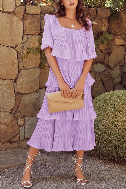 Square Collar Short Sleeve Ruched Ruffle Layered Dress
