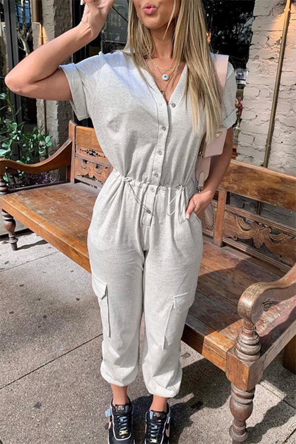 Solid Split Joint V Neck Harlan Jumpsuits