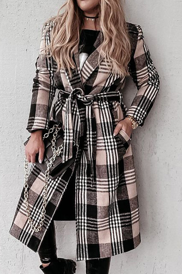 Temperament Lapel Plaid Belt Woolen Coat