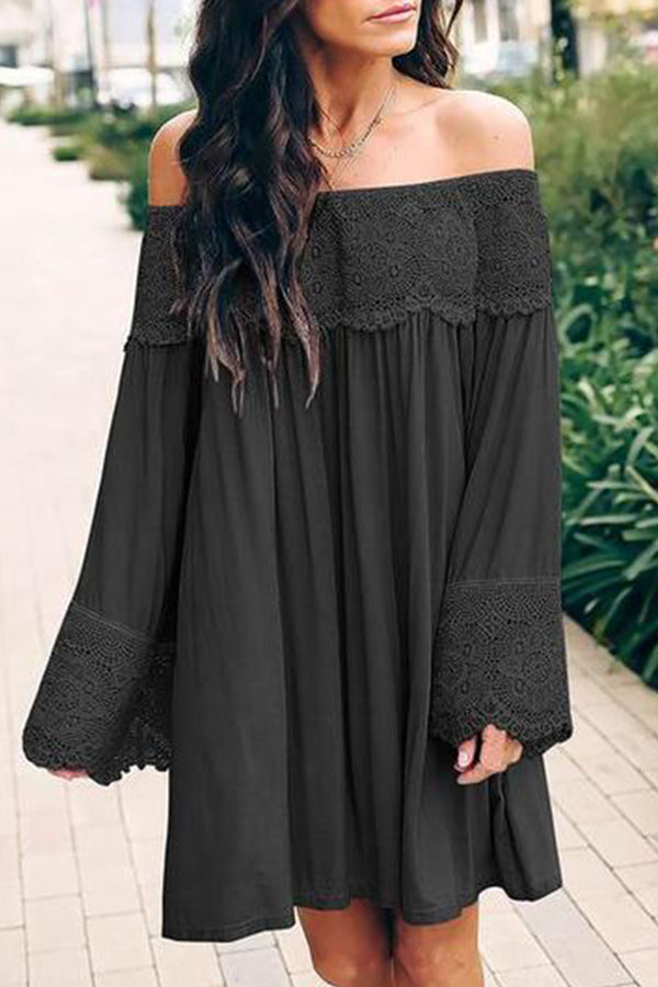 Off-Shoulder Lace Stitching Flared Sleeve Mini Dress