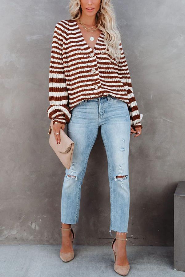 Striped Balloon Sleeve Button Cardigan