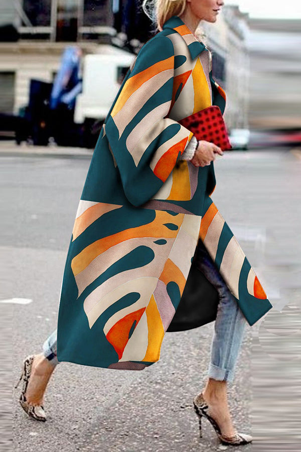 Casual Abstract Splicing Lapel Midi Outerwear