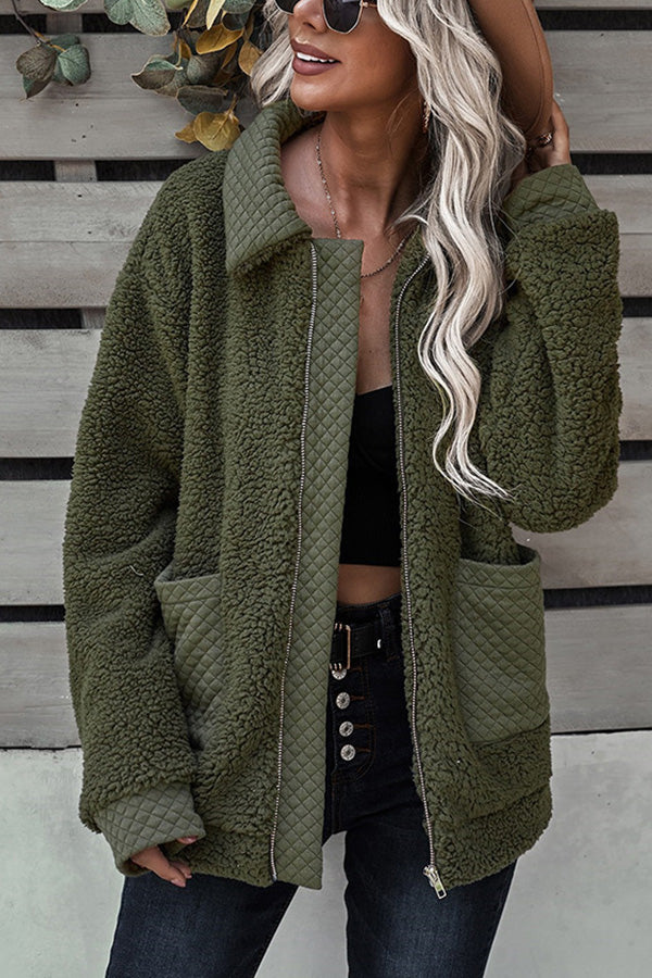 Long Sleeve Pocket Detail Zip Up Teddy Coat