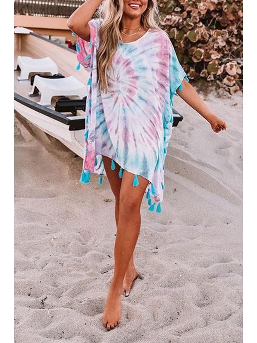 Stylish Irregular Tie Dye Tassels Dress