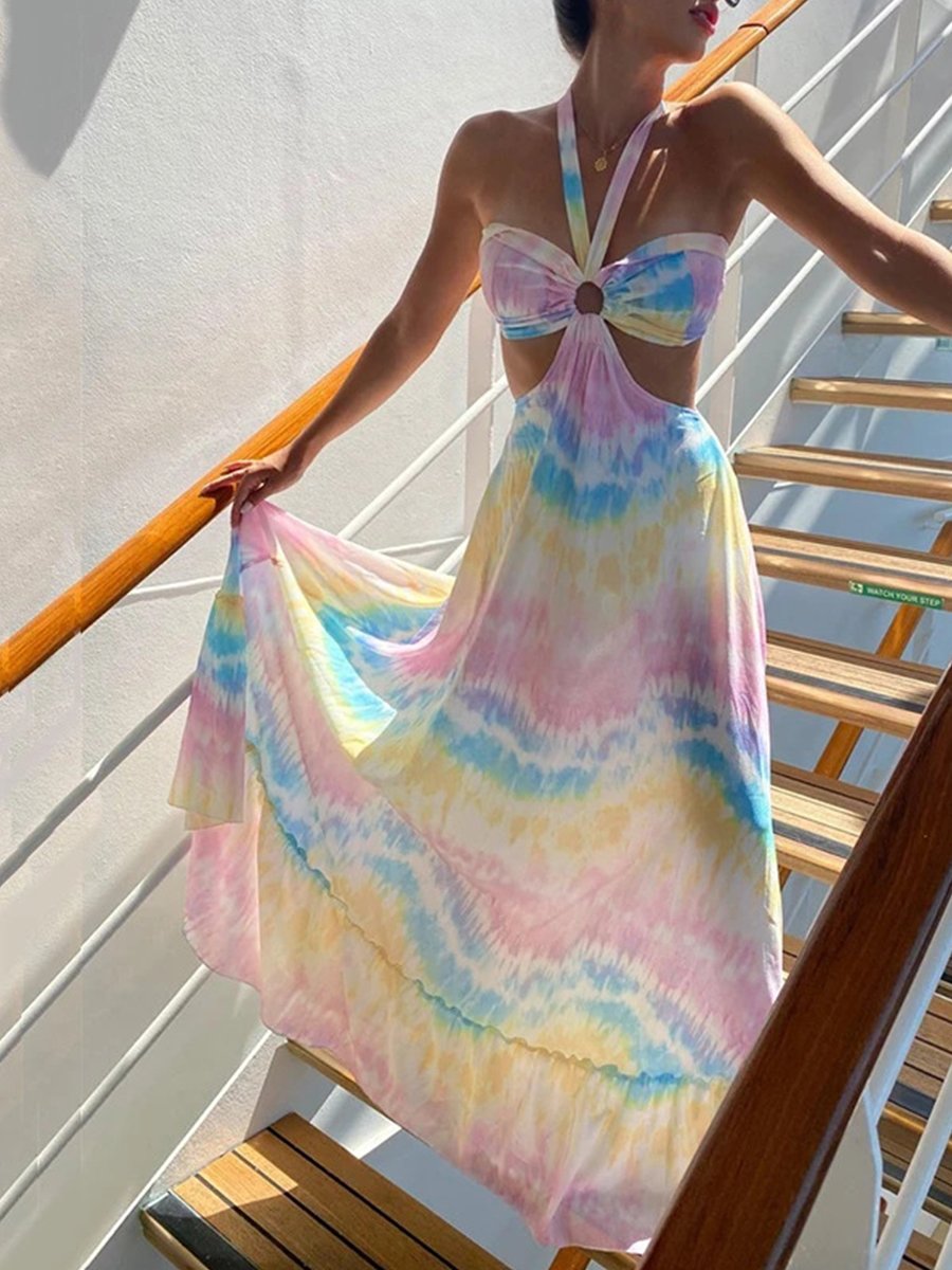 Trendy Big Flower Print Halter Strap Dress