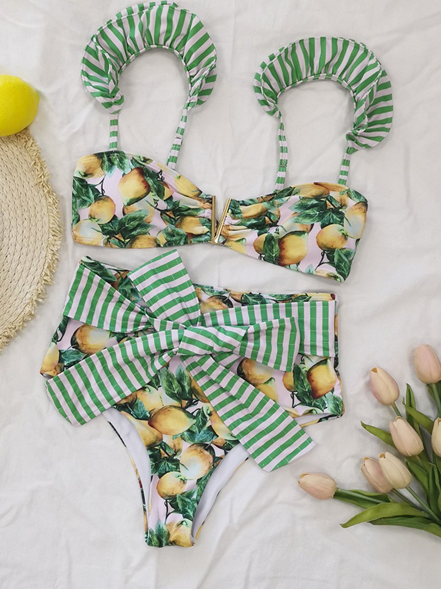 Bandage Ruffle Flower Print Bikini Set