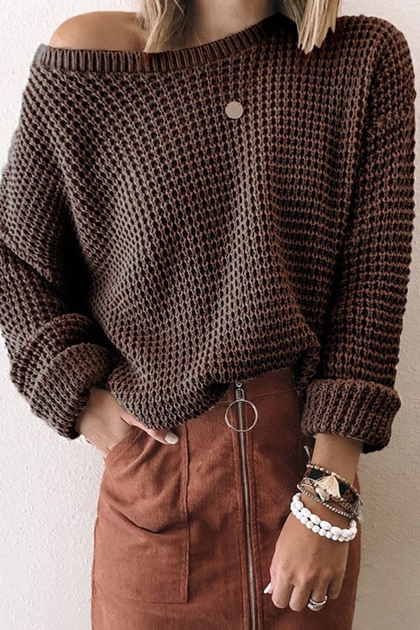 Solid Oblique Collar Eyelet Knit Sweater