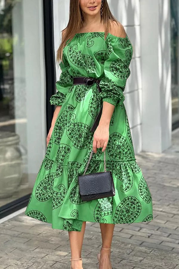Dynamic Love Printed Off The Shoulder Midi Dress