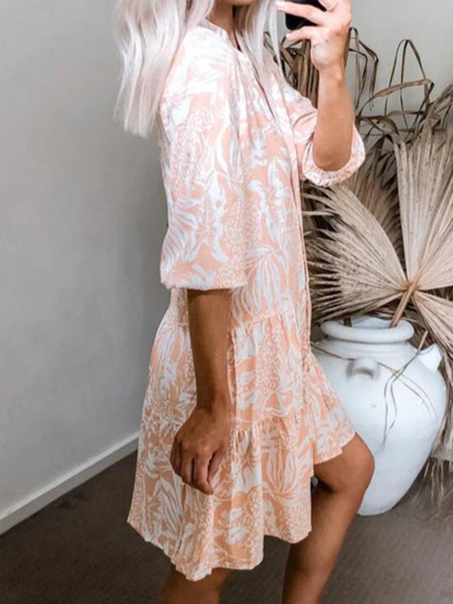 V-neck Print 3/4 Sleeve Pleat Mini Dress