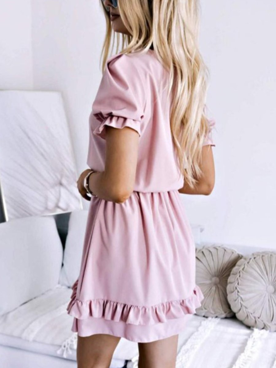 Sweet V Neck Short Sleeved Ruffle Mini Dress
