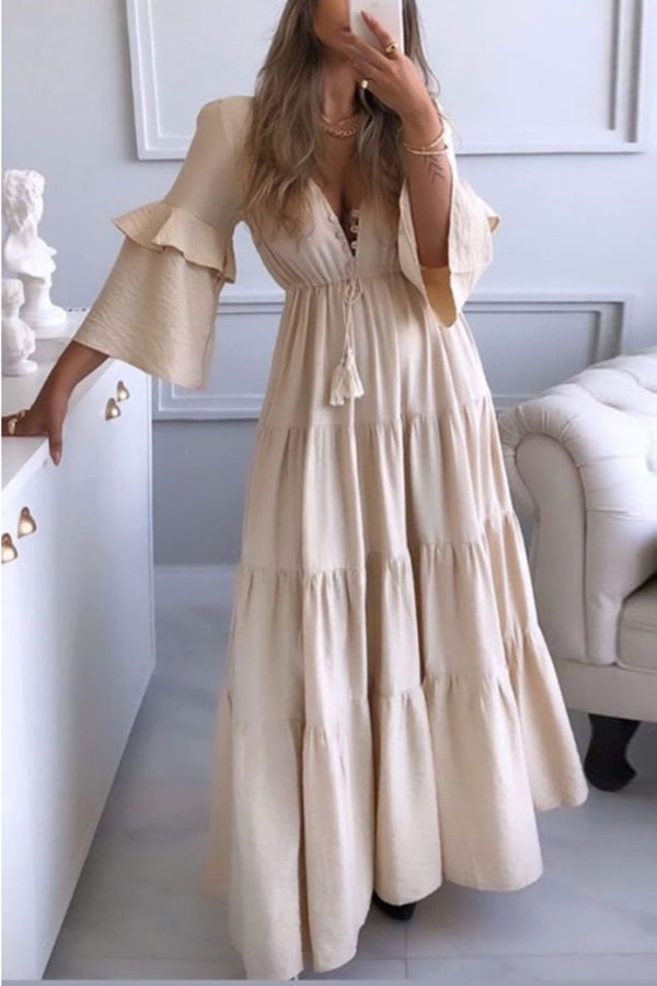 V-neck Lace Up Dress Solid MaXI Dress